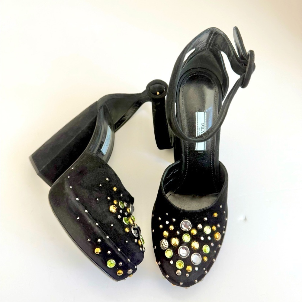 Prada Black Suede Leather Rhinestone embellished ankle strap chunky heel sandals